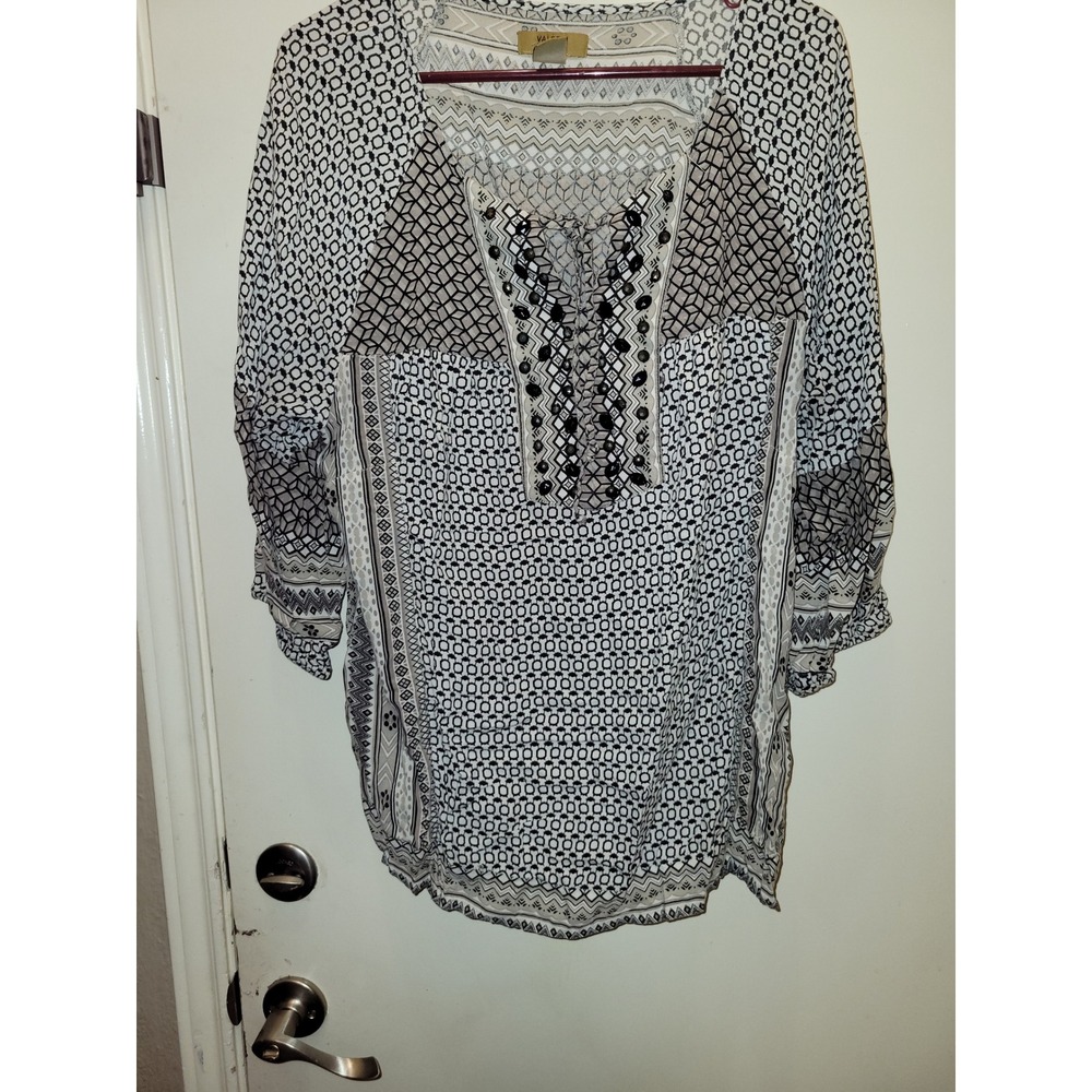 Valerie Stevens Womens Mixed Print Beaded Lace Up Rayon Top Black Tan L #303